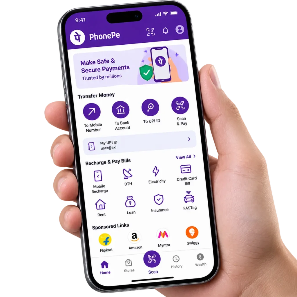 Fake PhonePe APK vs Original PhonePe App – Main Differences 1 Phone held in a hand with the PhonePe app open, showing the payment, money transfer, recharge, and bill payment options.