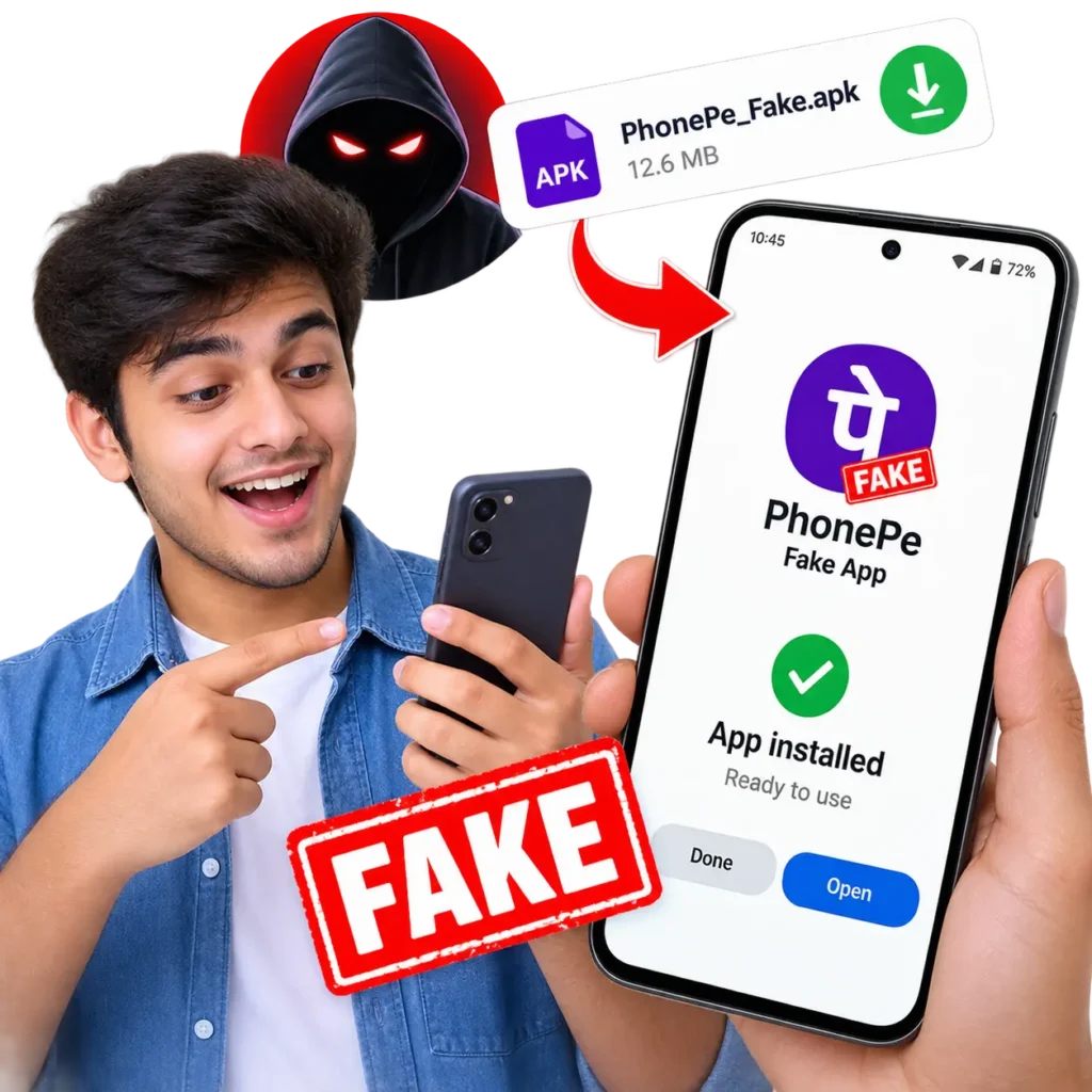 Fake PhonePe APK vs Original PhonePe App – Main Differences 2 Person holding a phone after installing a fake PhonePe APK, with a warning symbol and fake app installation screen.