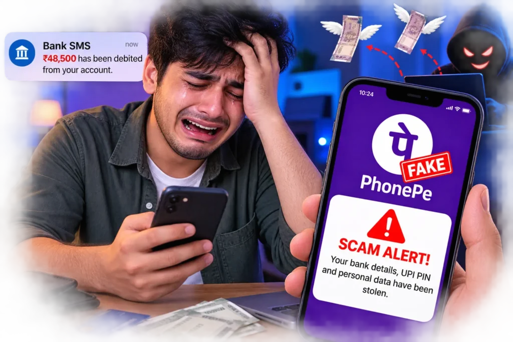 Fake PhonePe APK vs Original PhonePe App – Main Differences 4 Person crying after being scammed through a fake PhonePe app, with a scam alert and stolen money warning on the phone.