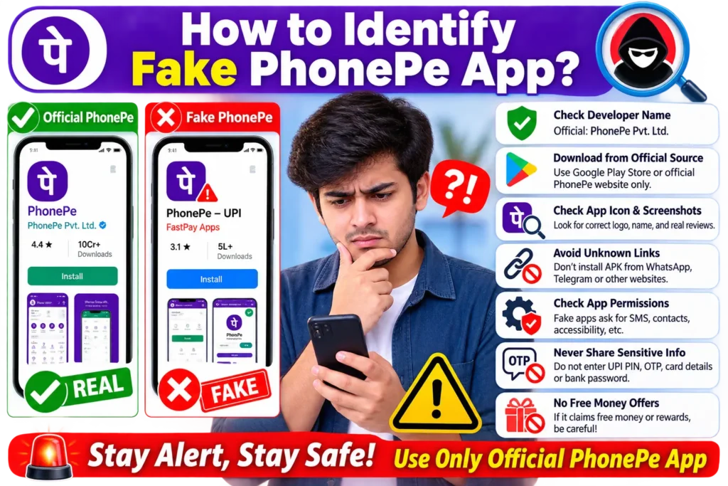 Fake PhonePe APK vs Original PhonePe App – Main Differences 3 Infographic showing how to identify a fake PhonePe app by checking the developer, download source, app icon, permissions, reviews, and sensitive information requests.
