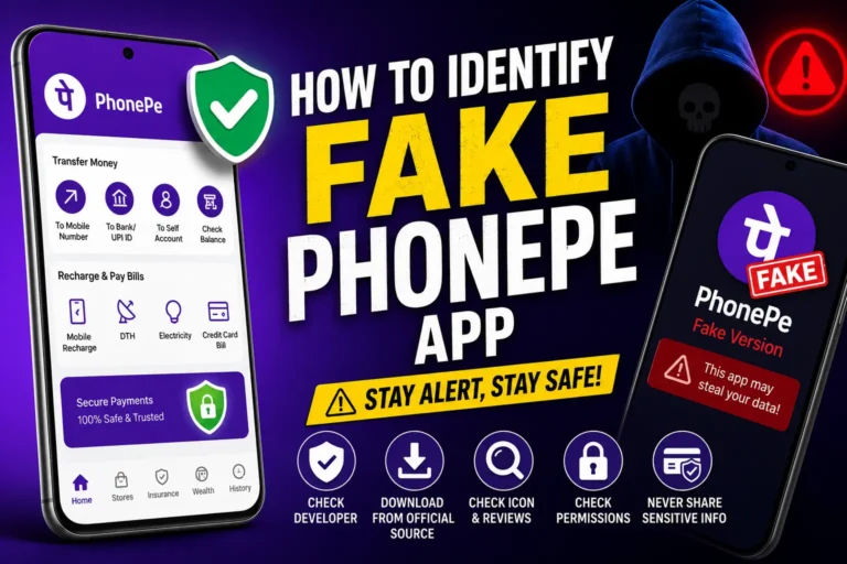 Featured image showing how to identify a fake PhonePe app, with real and fake app screens, a security warning, and tips for staying safe.