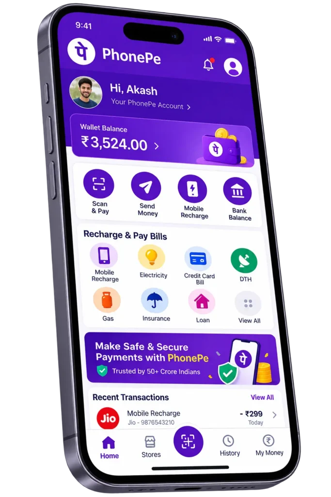 Fake PhonePe APK iOS Download Latest Version 2026 Free – Make Payments 1 iPhone displaying the PhonePe app home screen with payment, recharge, bill payment, and wallet balance options.