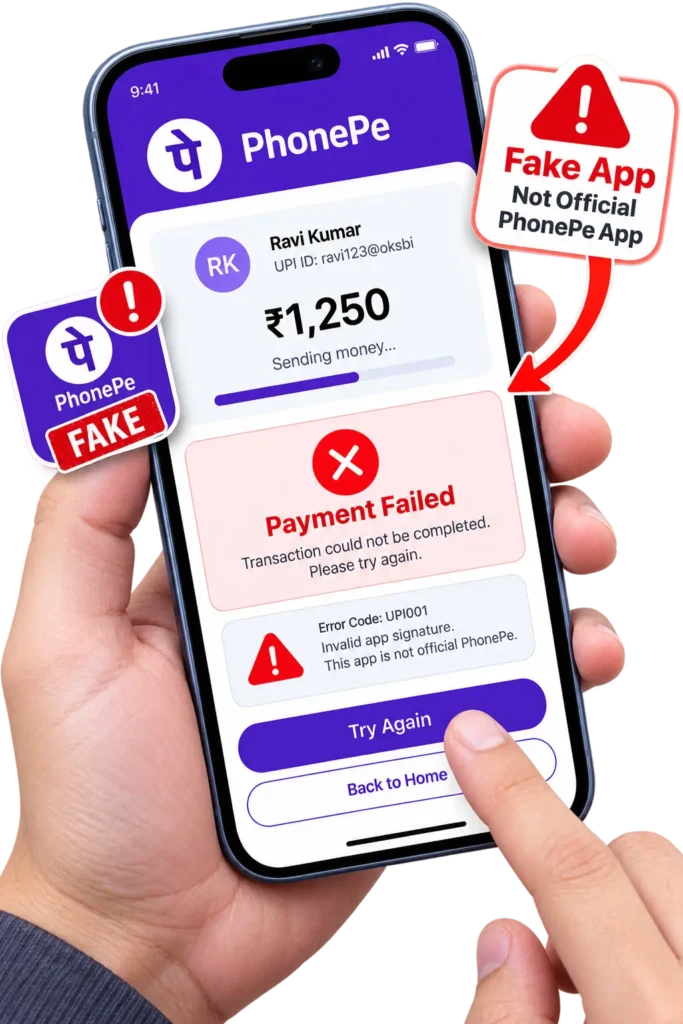 Fake PhonePe APK iOS Download Latest Version 2026 Free – Make Payments 3 iPhone showing a failed PhonePe payment caused by a fake app, with a warning that the app is not the official PhonePe app.
