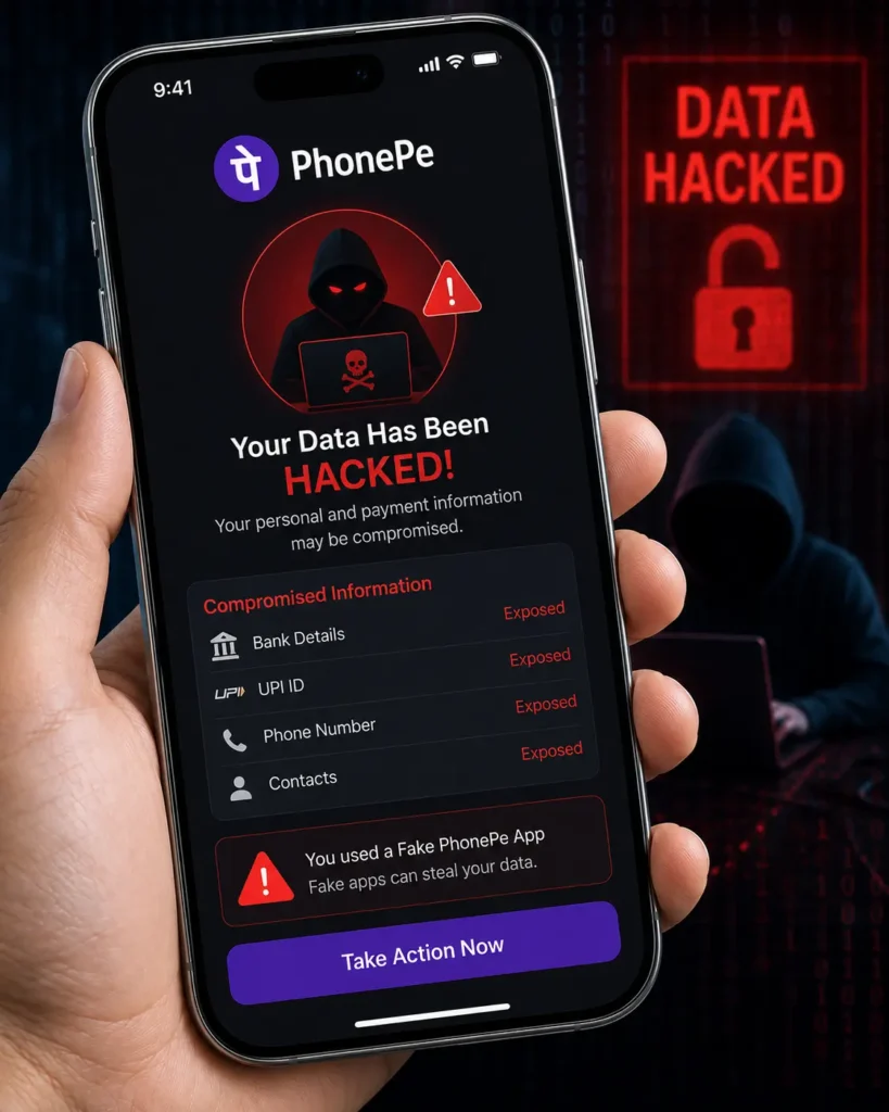 Fake PhonePe APK iOS Download Latest Version 2026 Free – Make Payments 4 iPhone displaying a warning that personal and payment data has been compromised after using a fake PhonePe app.