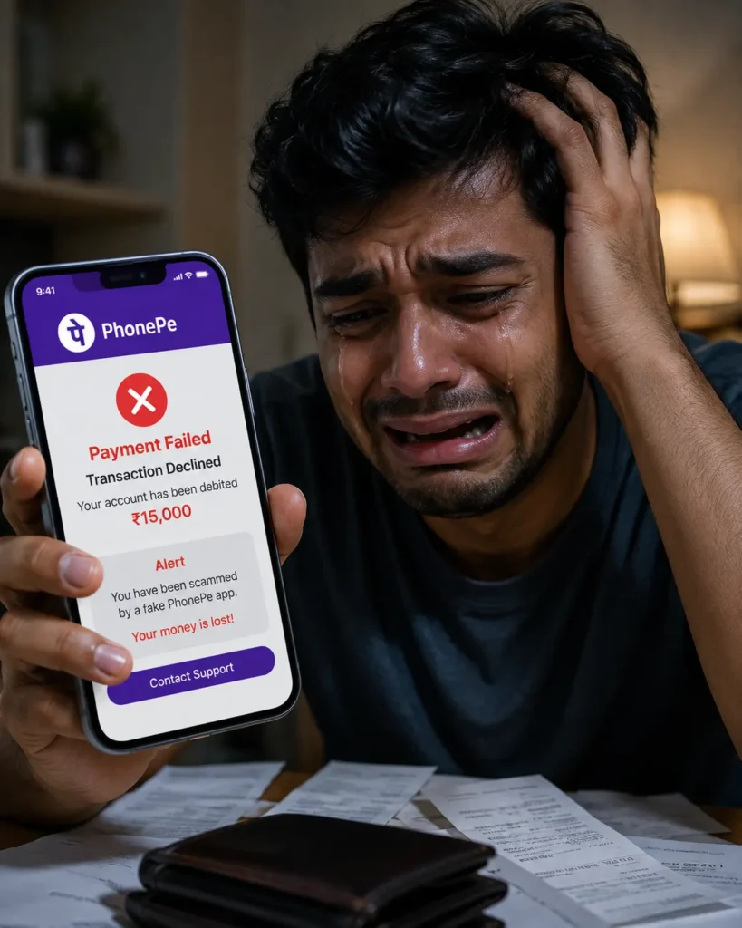 Fake PhonePe APK iOS Download Latest Version 2026 Free – Make Payments 5 iPhone displaying a warning that personal and payment data has been compromised after using a fake PhonePe app.