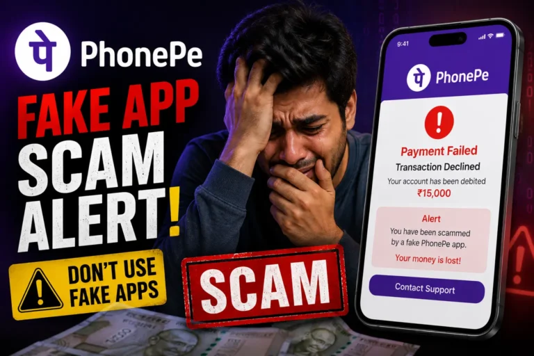 Featured image showing a person distressed by a fake PhonePe app scam, with a failed payment on an iPhone and a warning to avoid fake apps.