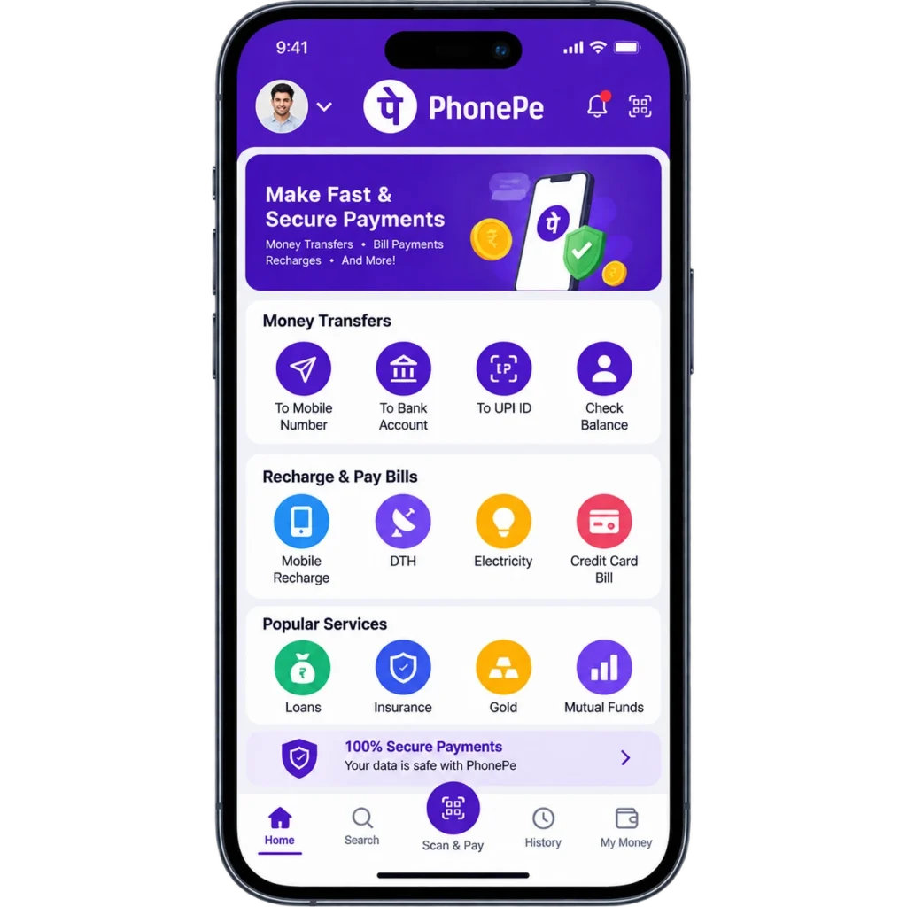 Is Fake PhonePe APK Safe to Use? 1 PhonePe app opened on an mobile showing the home screen with money transfer, bill payment, recharge, and other services.