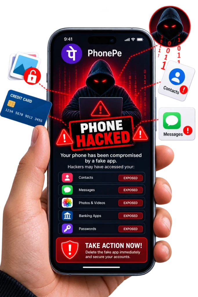 Is Fake PhonePe APK Safe to Use? 2 Mobile showing a fake app warning with exposed contacts, messages, photos, banking apps, and passwords after the phone was hacked.