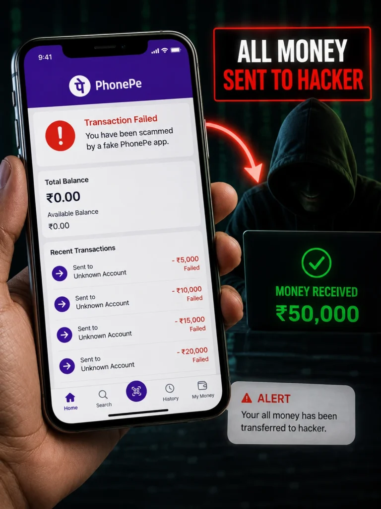 Is Fake PhonePe APK Safe to Use? 3 Phone showing money transferred to a hacker after using a fake PhonePe app, with the account balance reduced to zero.