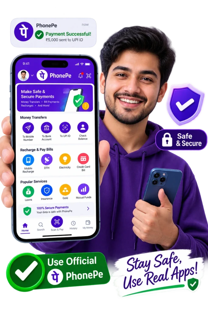 Is Fake PhonePe APK Safe to Use? 4 User safely making a successful payment with the official PhonePe app on a smartphone, with security shields and checkmarks.