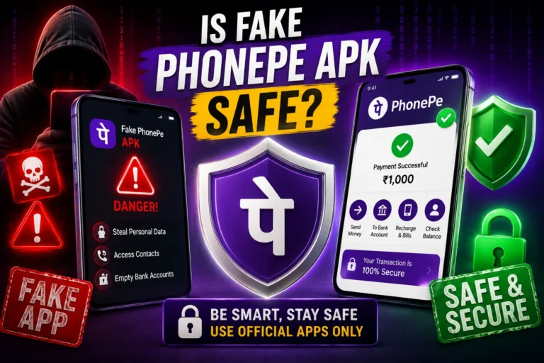 Featured image comparing the risks of a fake PhonePe APK with the safety of using the official PhonePe app.