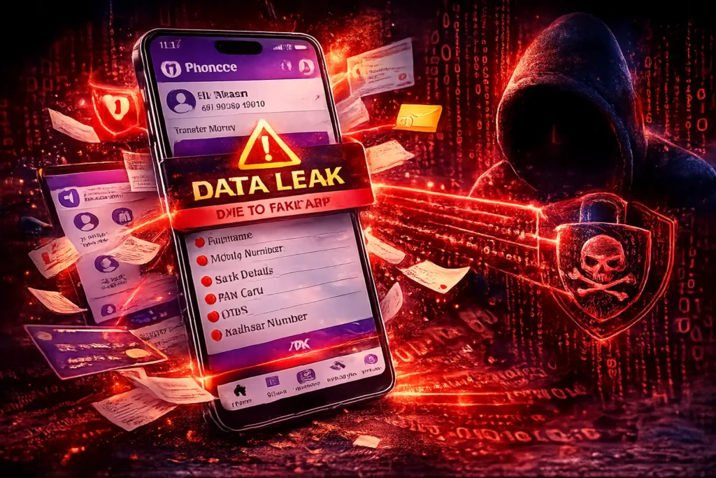 Illustration of a fake PhonePe app causing a data leak, with sensitive personal and banking information exposed on a smartphone while a hacker steals the leaked data in the background.