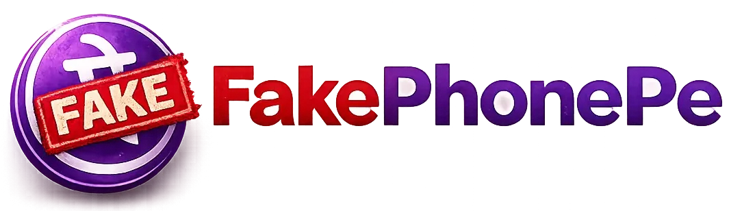 Fake PhonePe website logo featuring a purple payment icon with a red "FAKE" stamp and bold "FakePhonePe" text, designed for a WordPress website header on a transparent background.