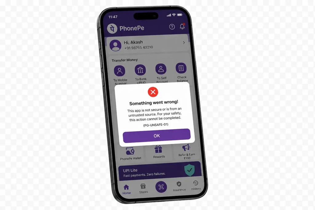 Smartphone displaying a fake PhonePe APK with a security error pop-up saying "Something went wrong," indicating the app is untrusted and the payment cannot be completed, on a transparent background.