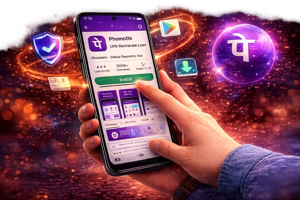 Hand holding a smartphone while downloading the official PhonePe app from the Google Play Store, with security and download icons surrounding the device on a transparent background.