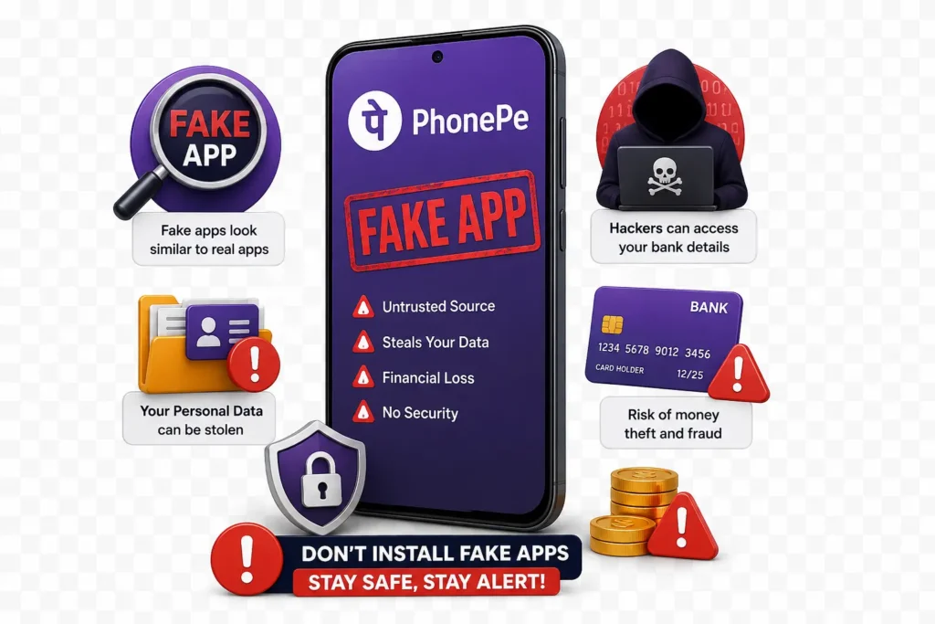 Infographic illustrating common myths and risks of fake PhonePe apps, showing a fake app on a smartphone alongside hacker, stolen data, banking, security, and fraud warning icons on a transparent background.