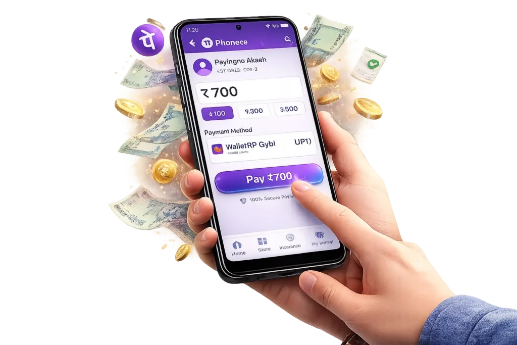 A hand holding a smartphone with the PhonePe payment screen open, showing a ₹700 UPI payment being made by tapping the "Pay ₹700" button, surrounded by floating rupee notes and coins on a transparent background.