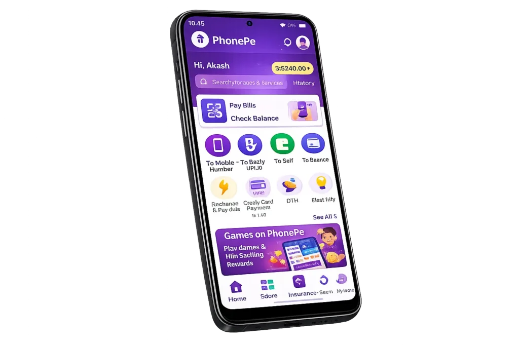  PhonePe APK open on a modern smartphone, displaying the official purple home screen with payment options, bill payments, rewards, and account shortcuts on a transparent background.